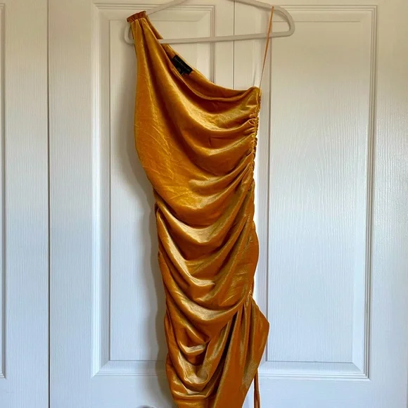NWT House of Harlow 1960 Women’s Slinky Ruched Velvet Mini Dress Gold X-Small - Picture 8 of 14